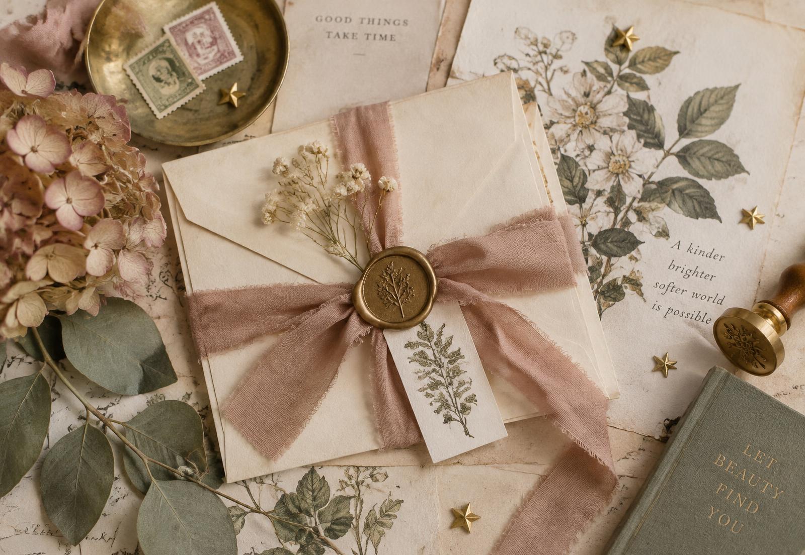 Cream envelopes tied in dusty rose ribbon with a gold wax seal